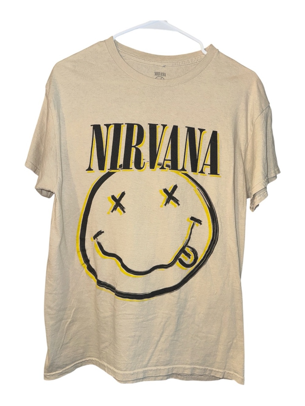 NIRVANA Tan Tee with Black and Yellow Smiley Graphic, Size Medium